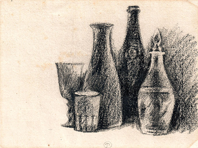 Lithographie représentant deux bouteilles, deux verres et une carafe